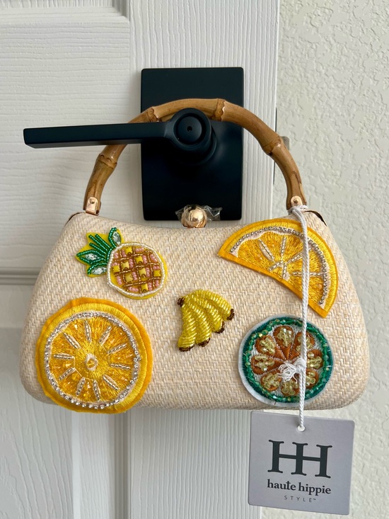 Haute Hippie Handbags - Haute Hippie Straw Top-Handle Bag with Yellow Fruit Appliqués